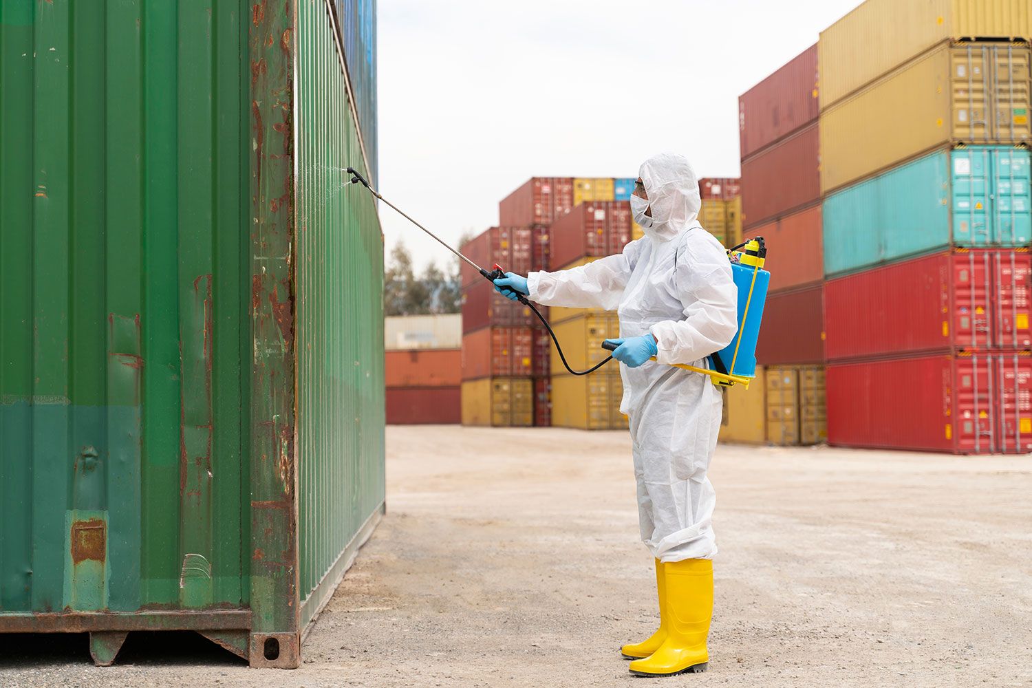 Eine Person sprüht einen Schutzlack auf eine Container-Außenseite auf